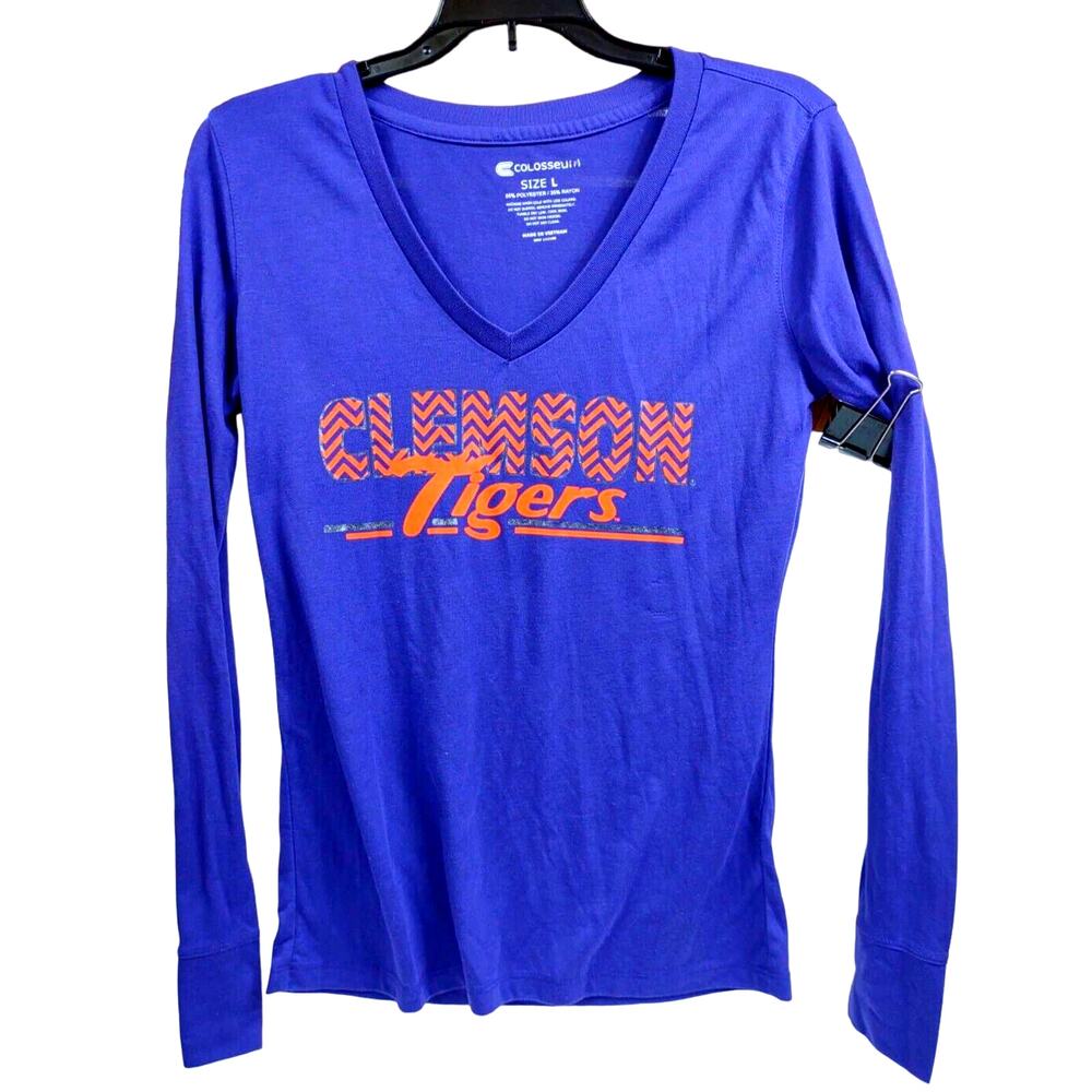 Clemson Tigers Women's Long Sleeve T-shirt by Colosseum V-Neck L Soft Purple